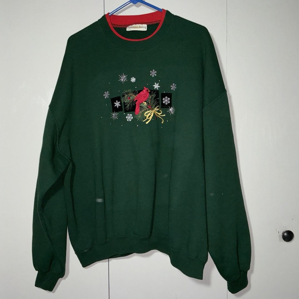 Pleasant Shade No Size Green Sweatshirt Embroidered Cardinal & Snowflakes 27x26